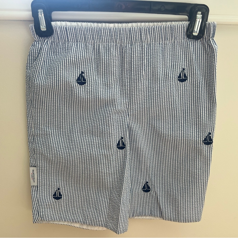 Nantucket Kids, Seersucker Striped Kids Shorts with Navy Sailboat Embroidery
